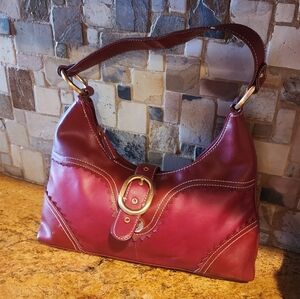 Anne Klein  Red Leather Shoulder Bag with Buckle Accent